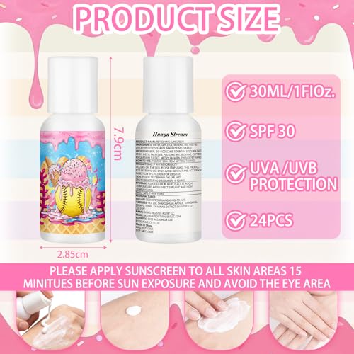 Image of 24 Pcs Travel Size Mini Sunscreen Bulk SPF30+ Ice Cream Drip Party Favors Small Sunscreen Sun Protection Stuff for Birthday Sports Coach Team Coach Team Appreciation Gift, 1 Fl. oz(Drip Softball Gear)