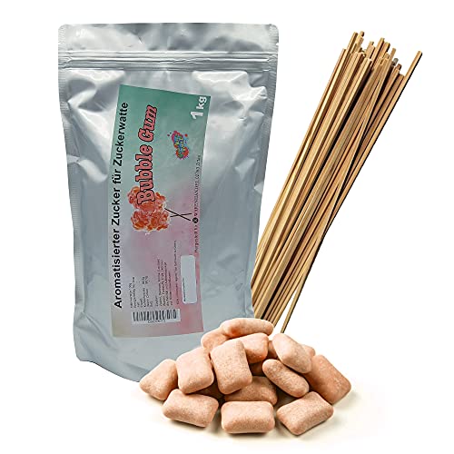 1 Kg Aromatisierter Zucker für bunte Zuckerwatte/Popkorn + 50 Zuckerwattestäbe 30cm Vierkant Cover