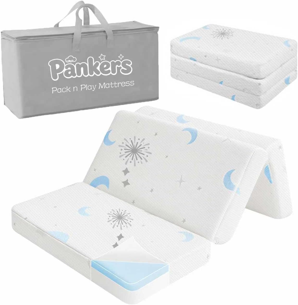 PanKers Pack n Play Mattress 38"x26" Memory Foam Trifold Pack and Play Mattresses with Washable Breathable Cover, Portable Thick Mattress for Pack N Play Travel Carry Bag