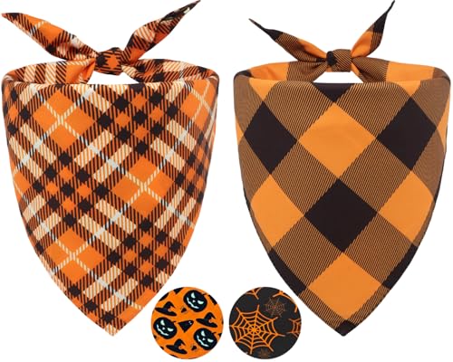 2PCS Fall Dog Bandanas,Halloween Dog Bandanas,One Side Orange Plaid,Th...