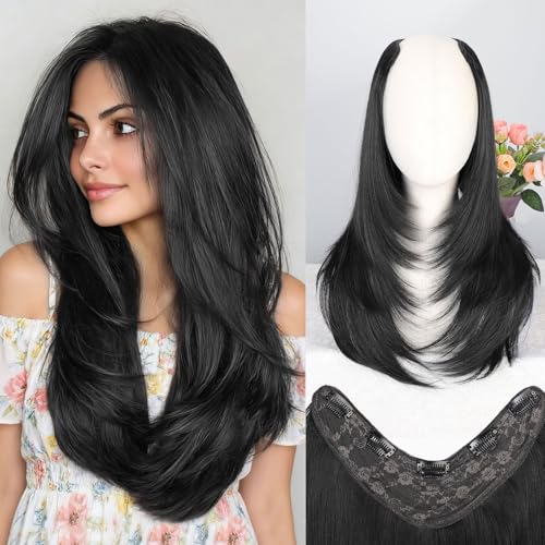 QGZ Black Clip in Hair Extensions for Women Long Straight Layered Synthetic Hair with 5 Clip One-Piece Design, Soft & Face Framing 22 Inch