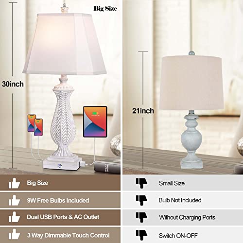 Table Lamps For Bedrooms Set Of 2, 30" H Touch Lamp For Living Room With 2 Usb Ports And Ac Outlet, Mermaid Bedside Lamp For Nightstand With White Slub Linen Shade, Resin Farmhouse Lamp With 2 Bulbs #TOP3
