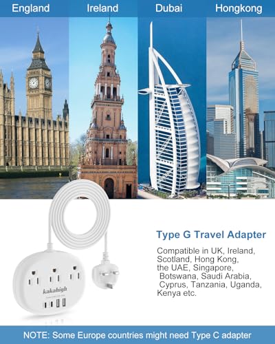 UK Adapters for Travel(13A), US to UK Plug Adapter with 3 Outlets 4 USB Ports (2 USB-C) Total Output 24W, Type G Travel Adapter for USA to British Ireland Scotland Hong Kong - Image 3