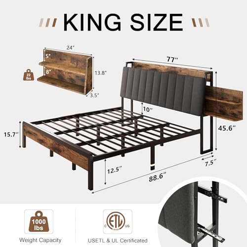 King Size Metal Bed Frame with 2-Tier Hidden Storage for King Size Mattresses, Stylish Upholstered Platform Beds with Built-in Charging Station for Tech-Addicted Adults, Ergonomic Headboard & Heavy Duty Steel Slats for Enhanced Comfort, 1|5" Underbed