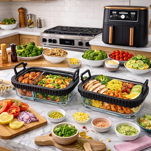 Hivio 2 Stück Auflaufform Airfryer für Ninja Heißluftfritteuse AF400EU/DZ400EU/AF500EU/COSORI Heißluftfritteuse 2 Kammern, Glas Airfryer Zubehör, BPA-frei, Herausnehmbarer Silikonring