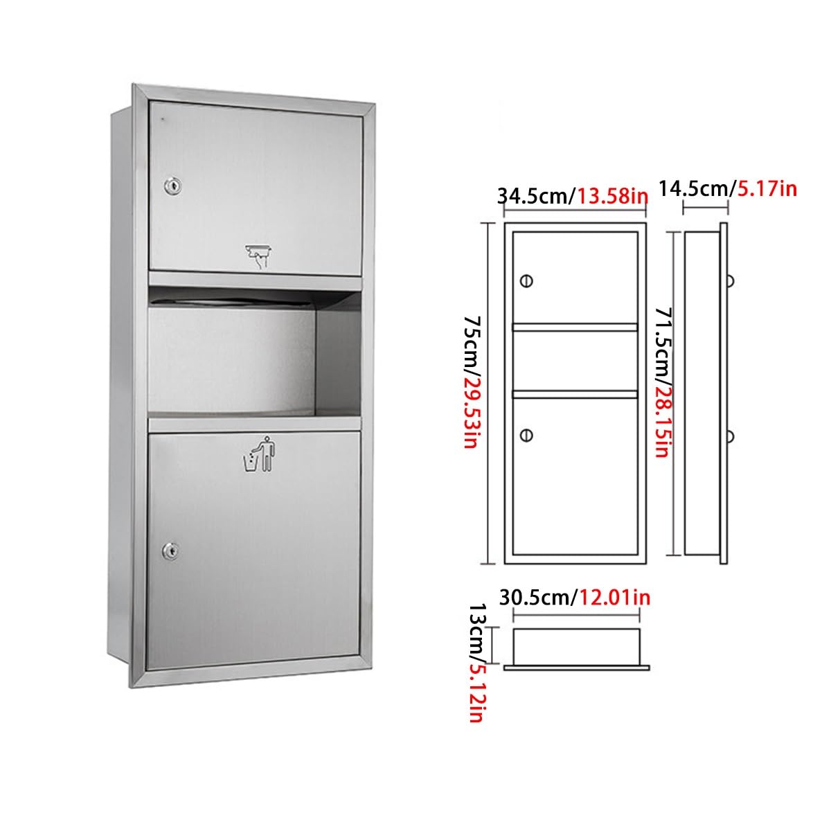 Portarrollos de Papel Higienico Empotrado, Acero Inoxidable con Cubo de Basura Integrado, Acabado Cepillado Antirroído(A 75 * 34.5cm/29.5 * 13.6″)