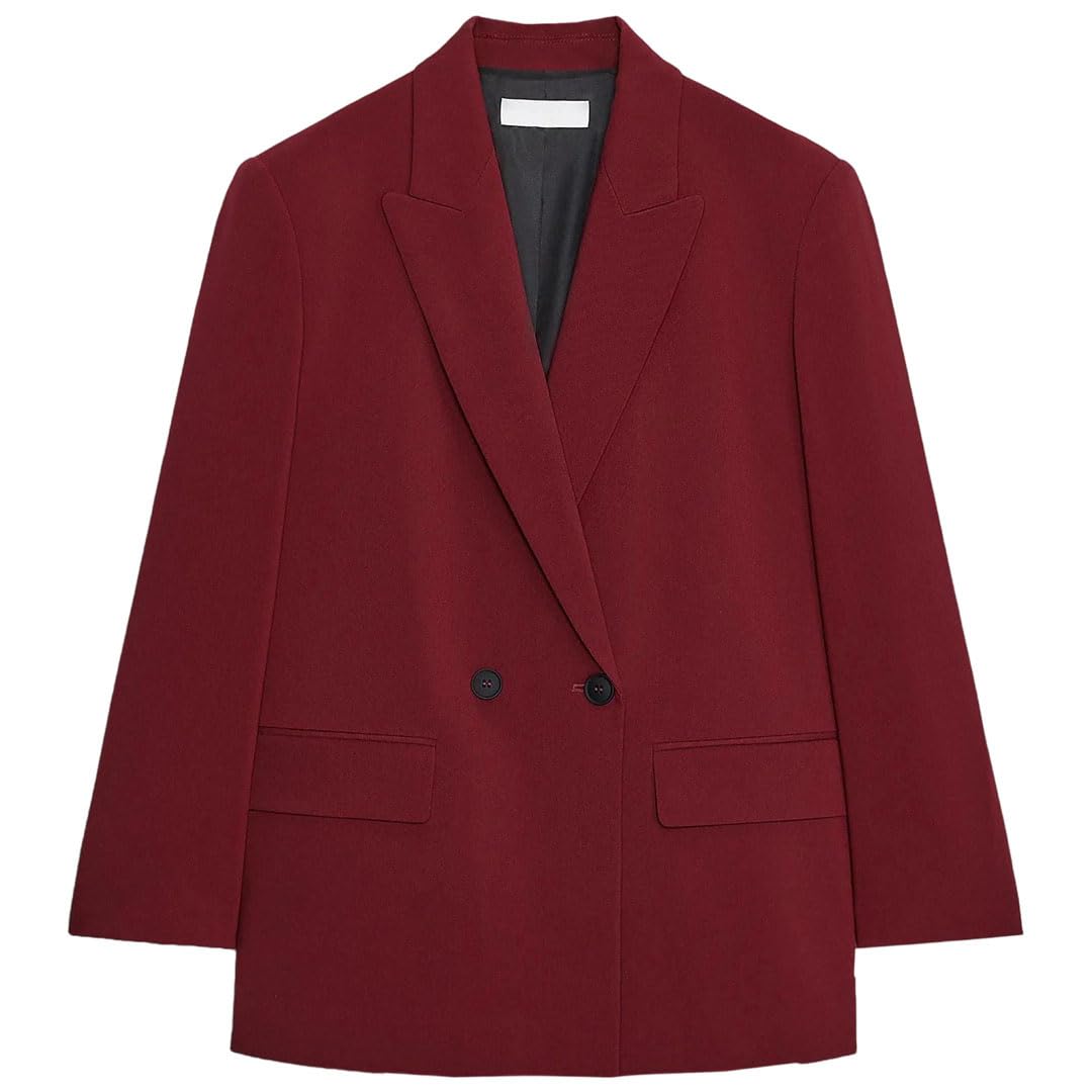 Womens Spring Long Notch Lapel Padded Shoulder Double Breasted Blazer