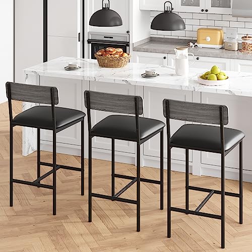 Amyove Bar Stools Set of 2, Upholstered Bar Chairs with Back, 25.5 Inches Kitchen Bar Stools with Footrest, Thick Cushion, Counter Height Barstools for Island, Counter Bar, Easy Assembly, Rustic Grey