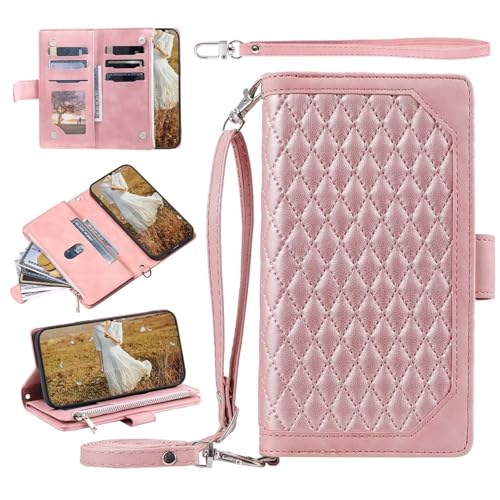 FERLAN Hülle Kompatibel mit Huawei P8 Lite (2017), Premium Lederhülle Reißverschluss Wallet PU Klappbar Flip Hülle Tasche Magnet Kartenfach Standfunktion Schutzhülle-Roségold