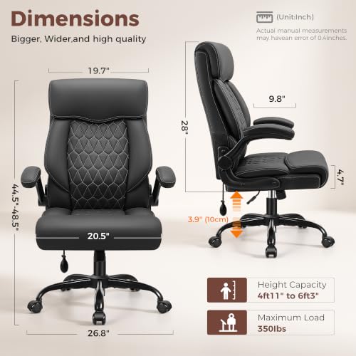 Image of Ergonomic Office Chair with Lumbar Support, Executive Leather Computer Desk Chair with Flip Up Arms & Rocking Function, High Back Big and Tall Comfortable Gaming Chair for Home Office