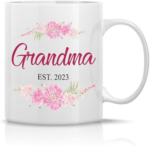 Miniatura 1 de Taza de café personalizada para la abuela por primera vez de mamá, papá, nietos, flores rosadas, nombre personalizado, blanco, 11 taza de cerámica
