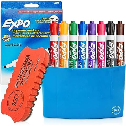 The Mega Deals Whiteboard Markers, 8 Chisel Tip Dry Erase Markers, Magnetic Marker Holder & Eraser, Quick-Drying Ink, Low Odor, Non-Toxic, Ideal for Classroom, Home, or Office Supplies Cover