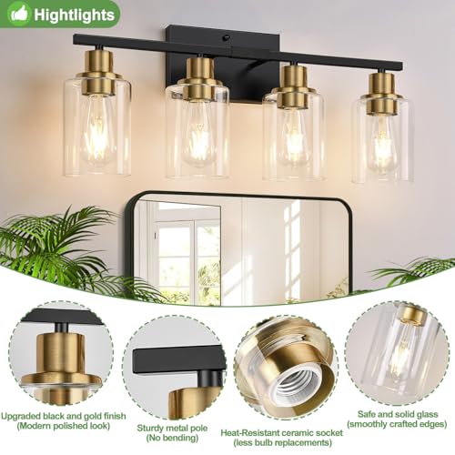 Image of Indoi 4-Light Bathroom Light Fixtures, Black and Gold Modern Vanity Lights with Clear Glass Shades, Bathroom Wall Lamp for Mirror Living Room Cabinet Bedroom Porch