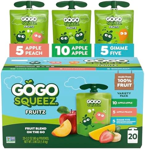 GoGo squeeZ Fruit on the Go Variety Pack, Apple, Peach & Gimme Five!, 3.2 oz (Pack of 20), Unsweetened Fruit Snacks for Kids, Gluten Free, Nut Free and Dairy Free, Recloseable Cap, BPA Free Pouches