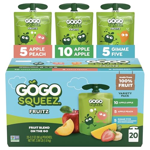 GoGo squeeZ Applesauce and Fruit Puree Variety Pack, Apple, Peach & Gimme Five!, 3.2 oz (Pack of 20), Unsweetened Fruit Snacks for Kids, Gluten Free, Nut Free, BPA Free Pouches (Packaging May Vary)