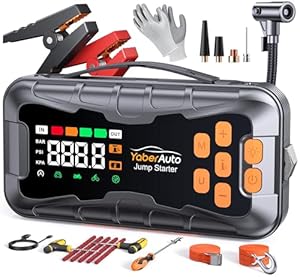 16 in 1 7000A Starthilfe Powerbank für Pkw mit Kompressor 160PSI, 27000mAh Auto Starthilfe für All Benziner und 12.0L Diesel, Starthilfe mit 800 Lumen 4 Modi Licht, Nothammer und Notfall Werkzeugset