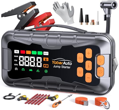 YaberAuto 16-in-1 Jump Starter with Air Compressor 8000A 150PSI Car Battery Jump Starter (All Gas/14L Diesel) 12V Jump Box Car Battery Jumper Starter Portable Jumper Cables, Emergency Tool Kit, Gloves