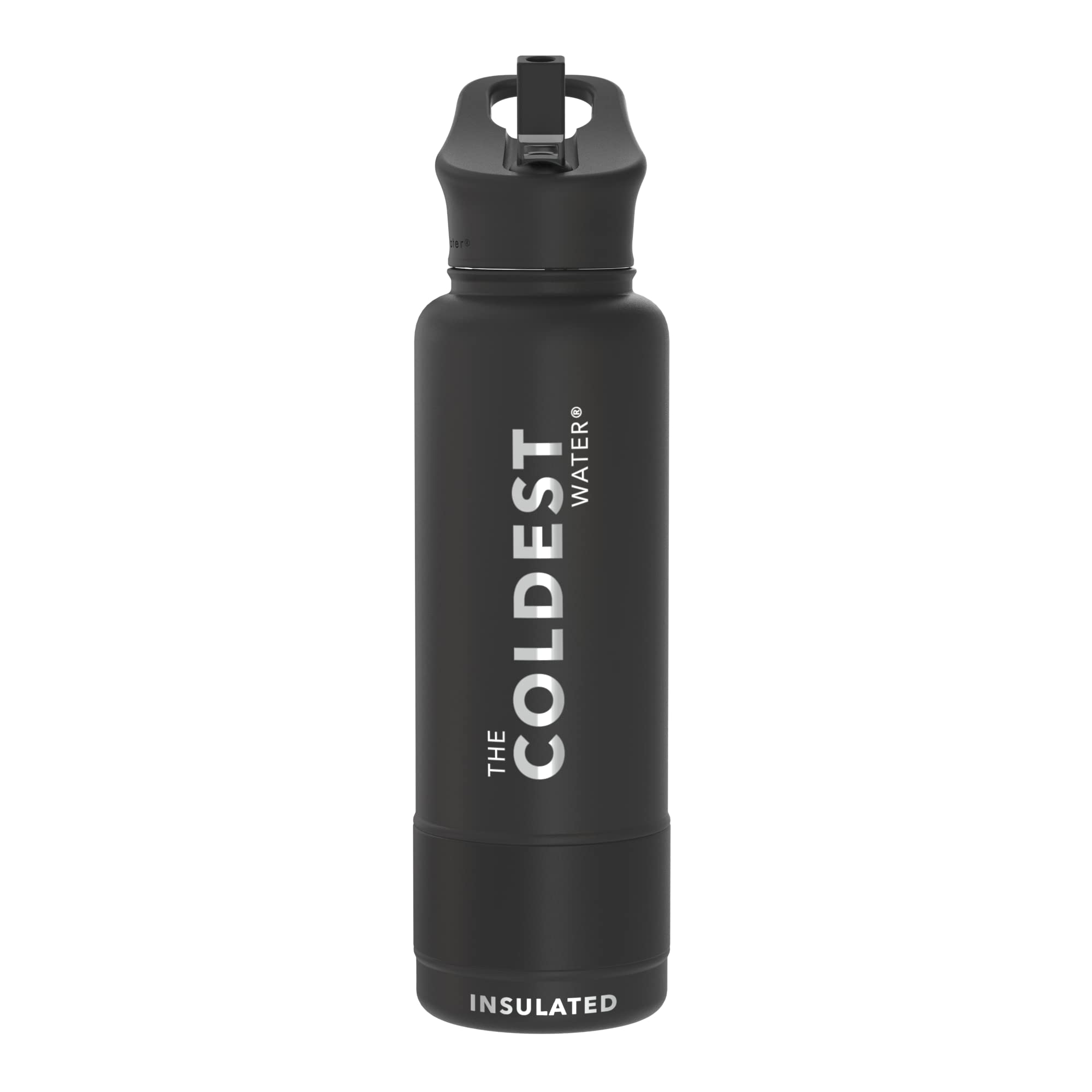 The Coldest Water Insulated Water Bottle with Handle Lid | Leak Proof, Simple Insulated Modern Stainless Steel, Double Walled, Sport Thermos Bottles, Metal Flask | 40oz (Black)