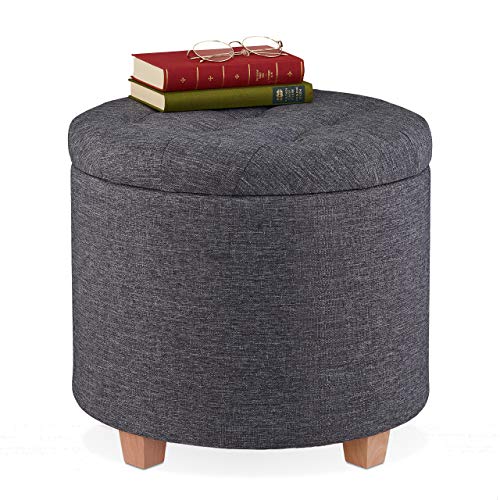 Relaxdays Pouf de Rangement, Tabouret rembourré Rond, pour Salon, Optique Lin, Repose-Pieds, HxD 41 x 44 cm, Gris foncé