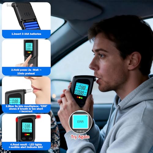 Breathalyzer, Alcohol Breath Tester for Testing, Portable Alcohol Tester with 20 Mouthpieces & Digital Blue LCD Display for Personal Home Use