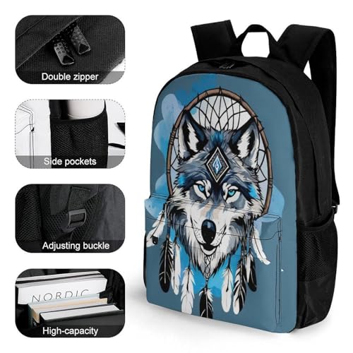 Backpack for Men, Native Wolf Dream Catcher Portable Multi-Functional Daypack for Business Trip, Cute Spacious Reusable Shoulder Bag with Adjustable Strap3