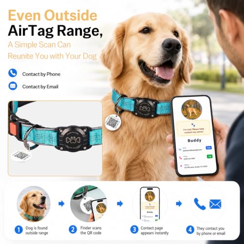 Image of Dog Collar with AirTag Holder Waterproof QR Code Reflective Collar(Blue,S)