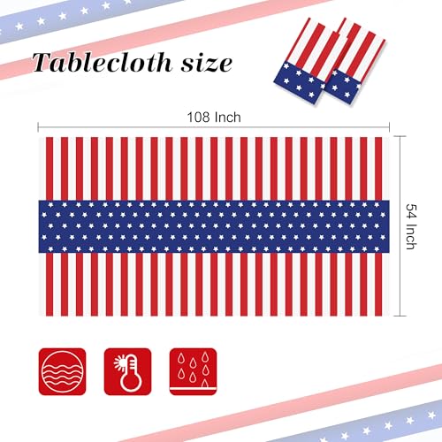 Image of 2 Pack Patriotic Tablecloths,Patriotic Decorations,American Flag Tablecloth | 54 inch x 108 inch Disposable Plastic Tablecloths for Party Supplies,Red White and Blue Tablecloth for 4th Of July Veterans Memorial