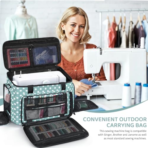 Image of Sewing Machine Carrying Case with Multiple Storage Pockets Large Capacity, Universal Tote Storage Bag Compatible with Most Standard Singer, Brother, Janome, Navy Blue Dots