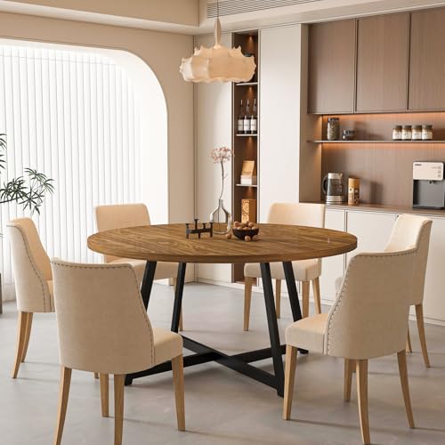 Image of Large Round Dining Table for 6-8, Wooden Dinner Table with Heavy Duty Metal Pedestal Base, for Kitchen Living Room, Space Saving, 59 Inch, Brown