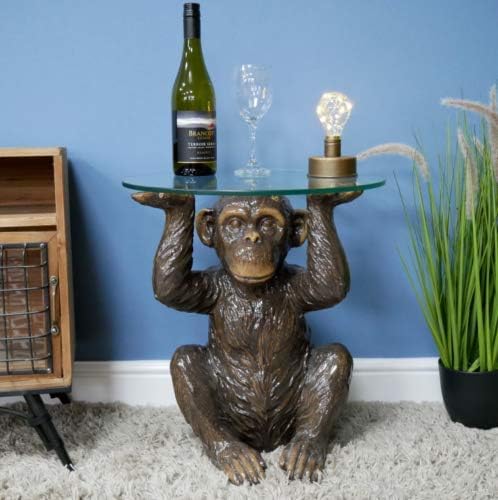 Casadomu Monkey Side Table Brown Ape Stand Round Glass Top Mini Bar Drinks Unit Display