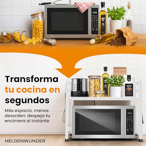 Heldenwunder Estantería Microondas Estantes Cocina Acero (2 Niveles) | Mueble Microondas Horno Estanterias Almacenaje Organizador Estante Panadería Ajustable + Instrucciones en Vídeo, Ganchos – Blanco - imagen 6
