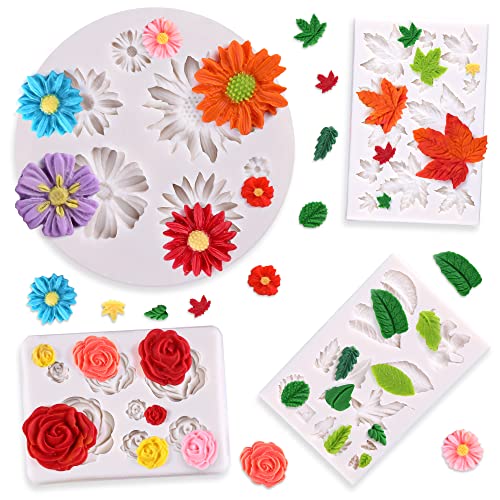 Puocaon Flowers Polymer Clay Molds - 4 Pcs Polymer Clay Molds For Earrings Making, Daisy Roses Polymer Clay Molds For Jewelry Making, Small Flowers Leaves Polymer Clay Molds For Jewelry Decorations #TOP4