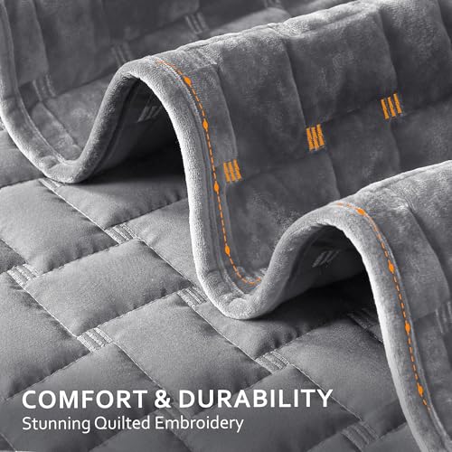 Image of Grassix Velvet Quilt Set King Size, Luxury Geometric Design, Dark Grey | Lightweight Velvet Comforter with 2 Pillow Shams, Soft Bedspread Coverlet, Quilted Bedding Set for All Seasons, 108 inchx96 inch