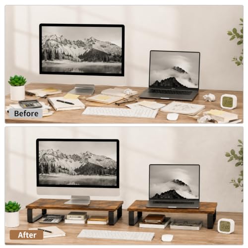 Image of XINYAO 2 Pack Monitor Riser for Desk, Wood and Steel, 16*12*3 inch, Brown