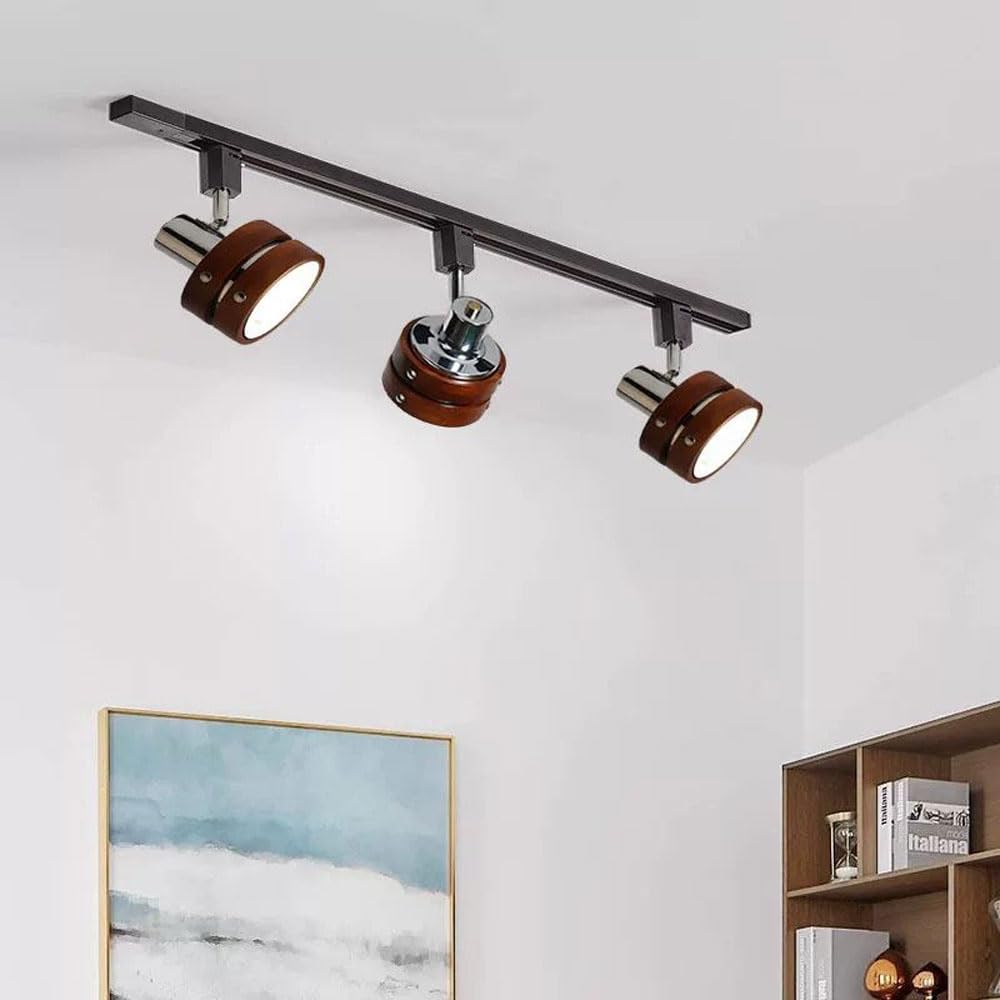 Flexible Track Lighting, 3/4-Light Black Track Lighting Fixtures Ceiling, Walnut Wood Ceiling Spotlight with Adjustable Head for Kitchen Closet Bedroom, Complete Track Lighting Kits, E27