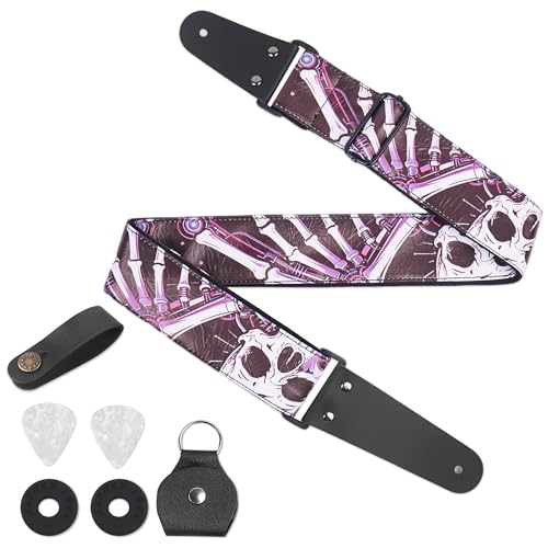Image of Adjustable Guitar Strap Includes 2 Strap Locks & 2 Matching Picks & 1 Picks Holder & 1 leather Strap Button.