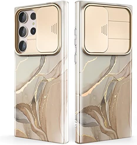 SHEDEER Samsung S23 Ultra Case with Slide Camera Cover Samsung Galaxy S23 Ultra Case Stylish Chic Shiny S23 Ultra Case Shockproof Scratch-Resistant Slim Lightweight S23 Ultra Phone Case 6.8'' Beige
