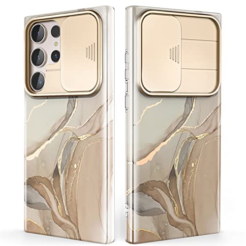 Chvelop Case for Samsung Galaxy S23 Ultra 5G with Slide Cemera Cover, Stylish Marble Protective Case, [Military Grade Drop Protection] Shockproof Phone Case for Galaxy S23 Ultra 6.8 Inch-Brown/Golden