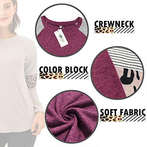 ROSRISS Túnica feminina de manga comprida, estampa de leopardo, listrada, colorblock, M-wine Red, 20
