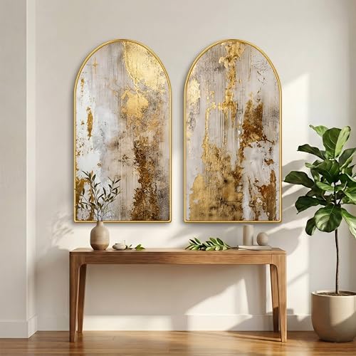 Image of Livin'luxe Set of 2 Abstract Wall Painting for Living Room, Gold Texture Modern Artwork, PVC Golden Frame, Arch Shape Wall Decor for Bedroom, Hall, Office & Gift (30 x 32 Inch) RPNL-02-111