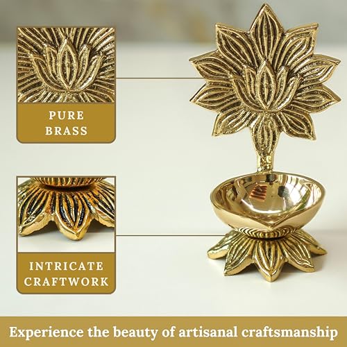 Image of Behoma 100% Pure Brass Lotus Diya for Puja | Kamal Deepak Deepam for Pooja Room, Tample,Mandir,Office | Deep for Home Decoration