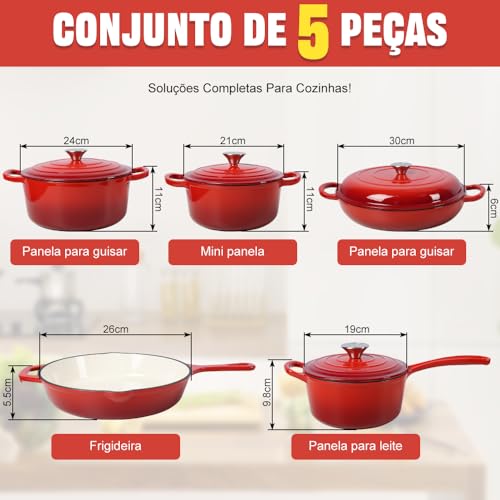 Kit 5 Panelas de Ferro Fundido Esmaltado Antiaderente