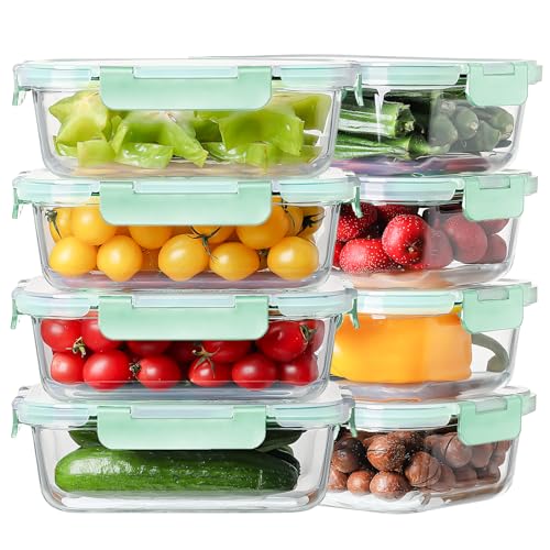 Image of 8 Pack 36oz Large Glass Meal Prep Containers with lids, Glass Food Storage Containers with Leak Proof Snap Lock Lids , Airtight Bento lunch Boxes, Kitchen Storage, Oven and Dishwasher Safe-Light Blue