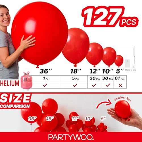 Image of PartyWoo Red Balloons 127pcs Different Sizes of 36 18 12 10 5 Inch Red Balloon Arch Kit Garland for Birthday Graduation Bachelorette Citizenship Anniversary Cherry Casino Party Decorations Red-Y57