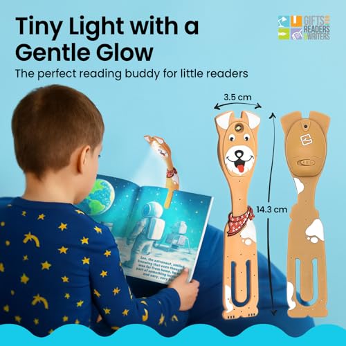 Image of Gifts for Readers & Writers Book Light for Kids, Clip On Reading Light for Bed, 2in1 Flexilight Pals & Bookmark, Small & Lightweight with a Soft Glow, 2 Batteries Included, Dog