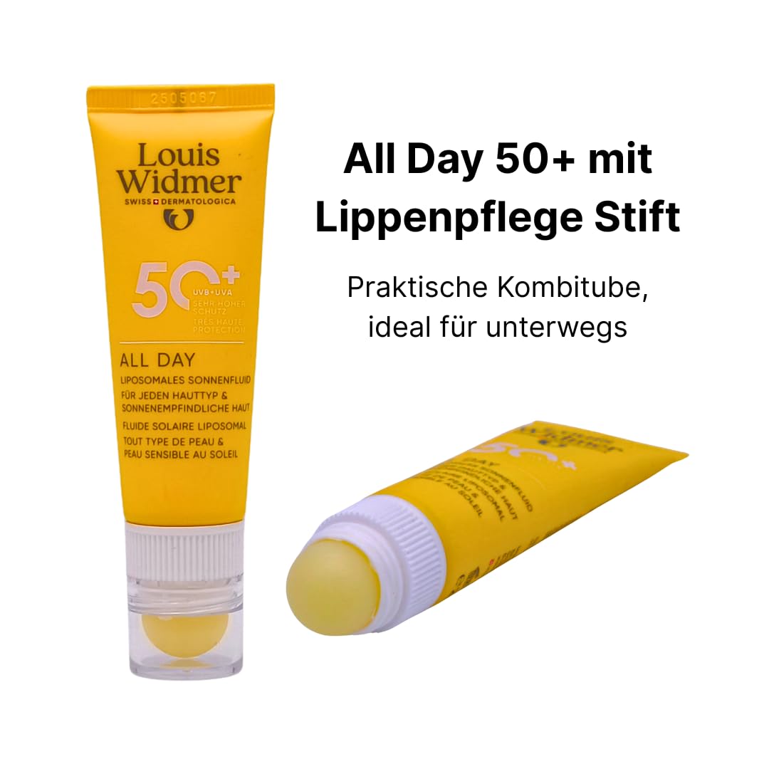 Louis Widmer All Day 50+ mit Lippenpflege Stift 3x 25 ml I Sonnenschutz für empfindliche Haut & Lippen LSF 50 I wasserfest & pflegend I ideal für unterwegs I Spar-Set plus Pharma Perle give-away
