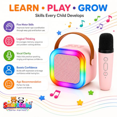 Image of Karaoke Speaker with Wireless Mic for Kids & Adults | Pink Bluetooth Karaoke Machine with RGB LED Lights, Rechargeable Portable Speaker, Stereo Sound | Birthday Gift for Girls & Boys