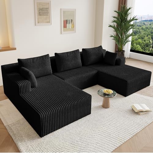 Image of 107 inch W Cloud Sectional Couch,Modern U-Shaped Cloud Couch with Deep Seat,Comfy Corduroy Sofa,Memory Foam Sofa for Living Room,No Assembly (Jet Black,Right-Facing Chaise)