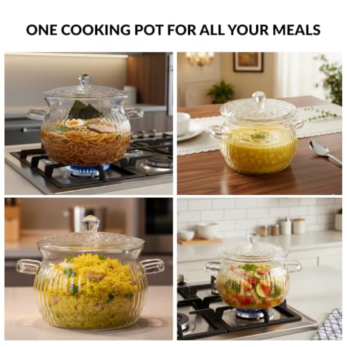 Image of Nestasia Glass Cooking Pot with Lid on Gas Stove (2L) - Transparent Glass Casserole with Handles for Cooking | Microwave & Dishwasher Safe, Lightweight & Durable Glass Cookware