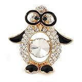 Material: Emaille. Avalaya Brosche, vergoldet, klarer Kristall, schwarzer Emaille Pinguin in der Brille, 35 mm lang